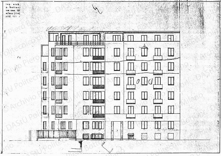 Studio di modifiche e colore su: Facciata, scala 1:100, s.d. Matita e matite colorate su eliografia su carta, cm 39,6x51,5. 
