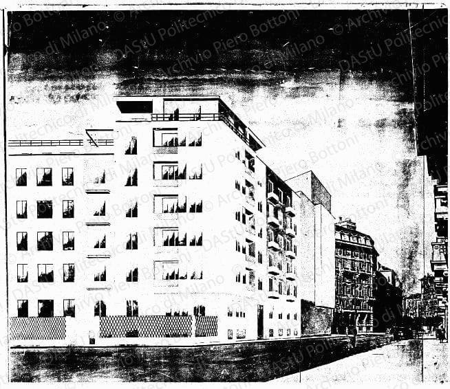 Veduta prospettica, s.d. Collage e tempere su eliografia su carta, cm 82,2x94,2. Incorniciato cm 97 x 110.
