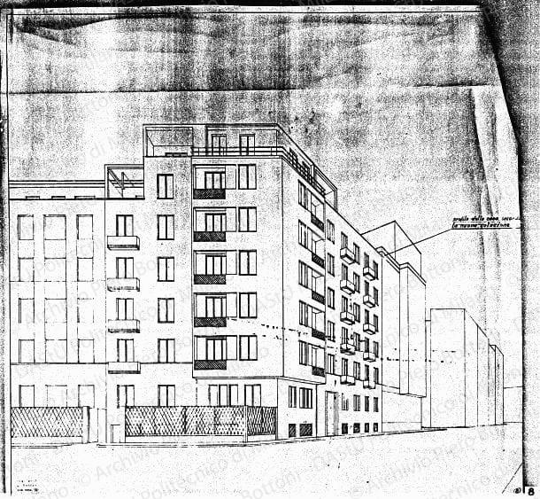 Profilo della casa secondo la nuova soluzione su: Veduta prospettica, s.d. Matita rossa su eliografia su carta, cm 82,0x85,5. 