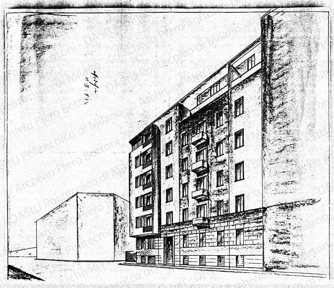 Casa in via Mercadante, n. protocollo 27617, modifica, veduta prospettica, 15 ottobre 1934. Matita e matita marrone su eliografia su carta, cm 46,5x52,7. 
