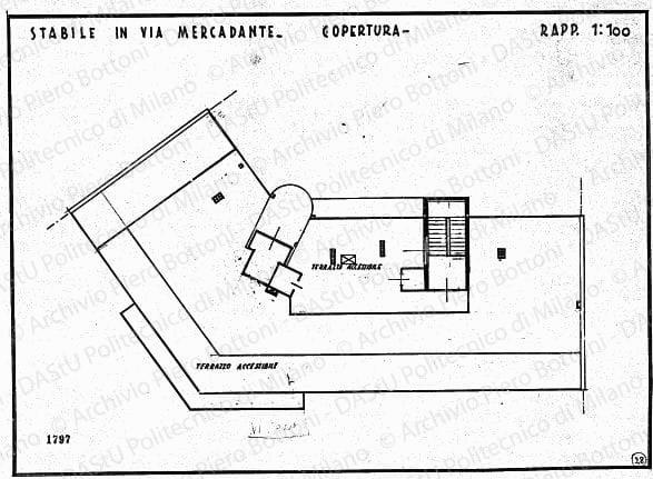 Stabile in via Mercadante, pianta copertura, scala 1:100, prot. 1797, s.d. China su lucido, cm 33,7x45,5. 