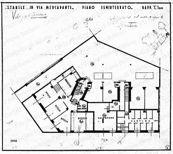 Stabile in via Mercadante, pianta piano seminterrato, scala 1:100, prot. 1800, s.d. China su lucido, cm 40,0x45,8. Schizzo e annotazioni a matita. Annotazione manoscritta: Vale per il Comune [?]. 