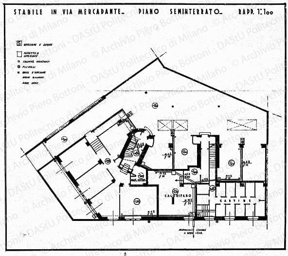 Stabile in via Mercadante, pianta piano seminterrato, scala 1:100, prot. 1801, s.d. China su eliografia su lucido, cm 40,2x45,0. 