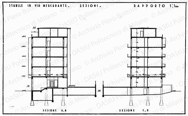 Stabile in via Mercadante, sezioni, scala 1:100, prot. 1818, s.d. China su lucido, cm41,4x67,0. Correzione della copertura a matita. Annotazione manoscritta: Vale per il Comune. 