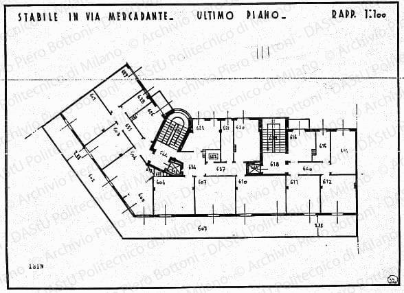 Stabile in via Mercadante, pianta ultimo piano, scala 1:100, prot. 1819, s.d. China su lucido, cm 33,4x44,7. Annotazioni a matita. 