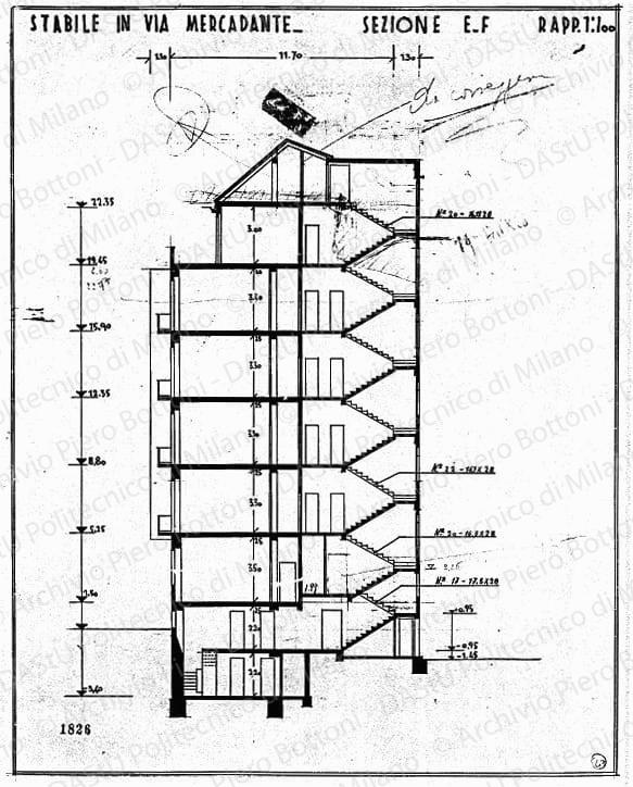 Stabile in via Mercadante, sezione E-F, scala 1:100, prot. 1826, s.d. China su lucido, cm 42,2x33,2. Correzioni a matita. Annotazione manoscritta: da correggere. 