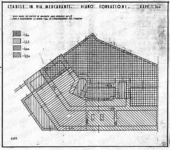 Stabile in via Mercadante, pianta piano fondazioni, scala 1:100, prot. 1828, s.d. China su lucido, cm 38,0x45,2. 