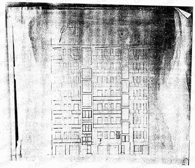 Studio di modifiche su: Facciata interna, scala 1:100, s.d. Matita su eliografia su carta, cm 43,0x45,5. 