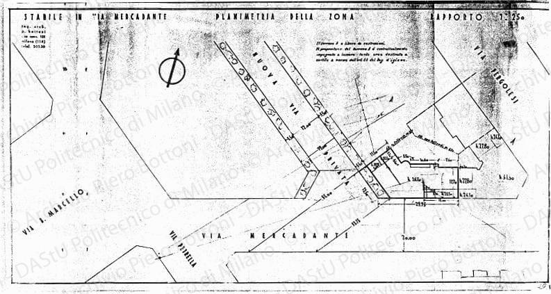 Stabile in via Mercadante, planimetria della zona, scala 1:250, s.d. Eliografia su carta, cm 42,5x69,2. Correzioni e annotazioni a matita. 