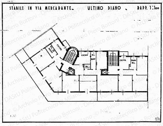 Stabile in via Mercadante, pianta ultimo piano, scala 1:100, prot. 1844, s.d. China su lucido,cm 31,2x41,9. 