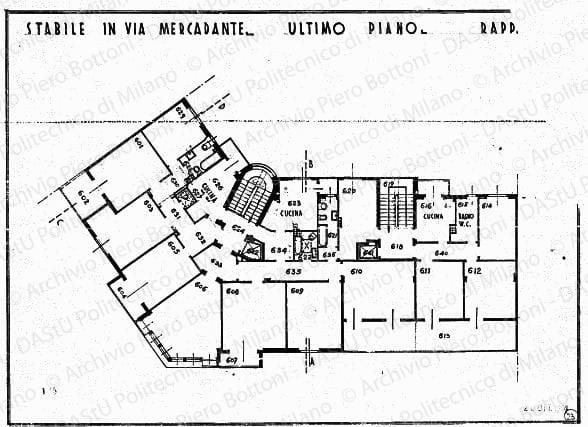 Stabile in via Mercadante, pianta ultimo piano, scala 1:100, prot. 1855, 20 ottobre 1934. China su lucido, cm 31,7x44,2. Annotazione del numero di locale a matita. 