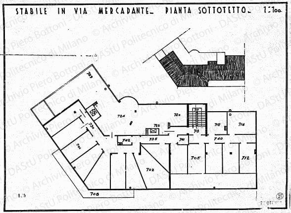 Stabile in via Mercadante, pianta sottotetto, scala 1:100, prot. 1856, 20 ottobre 1934. China su lucido, cm 31,2x43,4. Annotazione del numero di locale a matita. 
