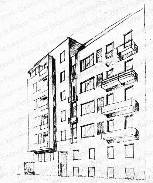 Schizzo prospettico della facciata, s.d. Matita su lucido, cm 41,0x27,2. 