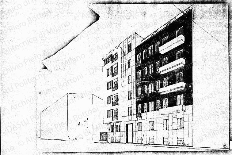 Prospettiva della facciata, s.d. Tempere su eliografia su carta, cm 45,6x46,6. 