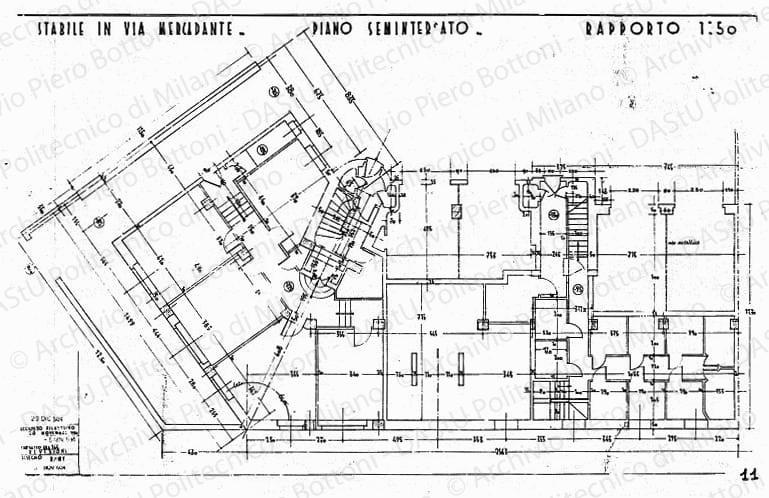 Stabile in via Mercadante, pianta piano seminterrato, scala 1:50, prot. 1861, aggiornato 29 dicembre 1934. China su lucido, cm 47,7x76,8. 