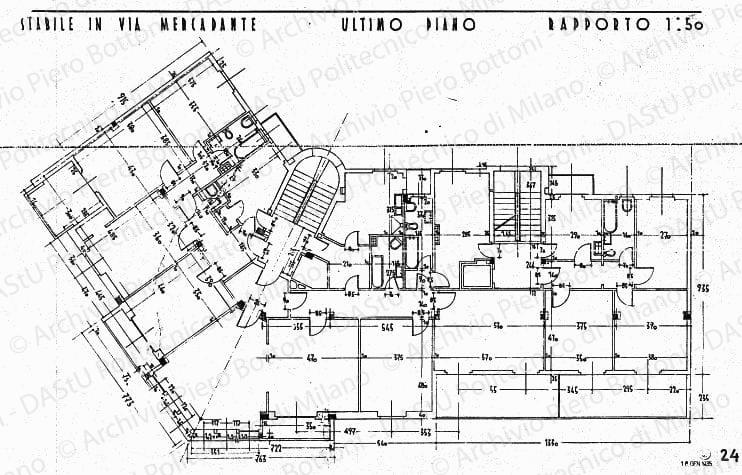 Stabile in via Mercadante, pianta ultimo piano, scala 1:50, 15 gennaio 1935. China su lucido, cm 47,5x72,7. 