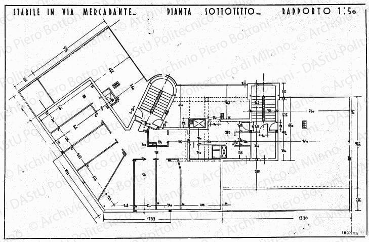 Stabile in via Mercadante, pianta sottotetto, scala 1:50, prot. 1915, 16 gennaio 1935. China su lucido, cm 48,3x75,0. 