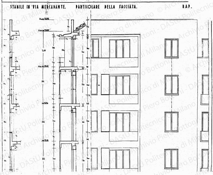 Stabile in via Mercadante, particolare della facciata, scala 1:20, prot. 1860, 3 novembre 1934. China su lucido, cm 149,8x102,5. 