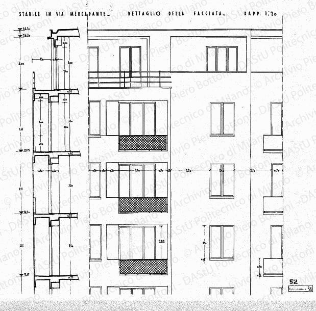 Stabile in via Mercadante, dettaglio della facciata, scala 1:20, s.d. China su lucido, cm 160,4x79,7. 