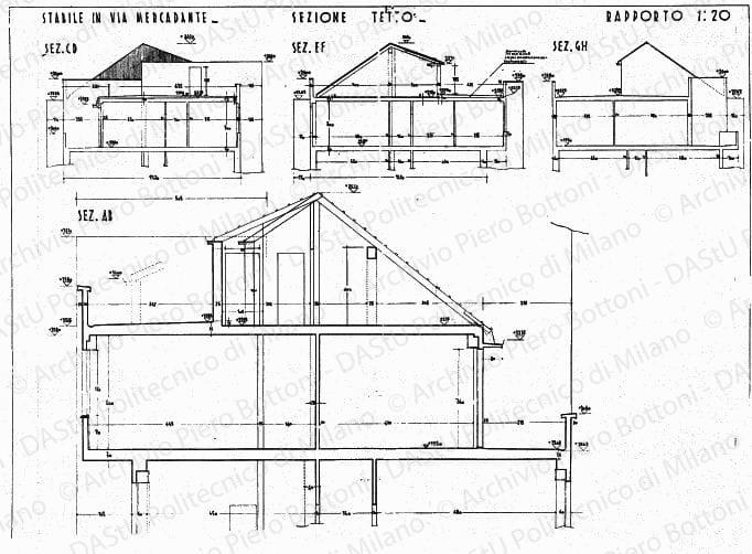 Stabile in via Mercadante, sezione tetto, scala 1:20, s.d. China su lucido, cm 70,0x98,3. Modifica a matita. 