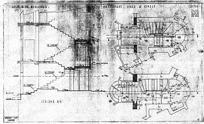 Stabile in via Mercadante, particolare scala a ovest, piante e sezione, scala 1:20, prot. 1866, 14 novembre 1934. Matita su lucido, cm 59,0x99,2. 
