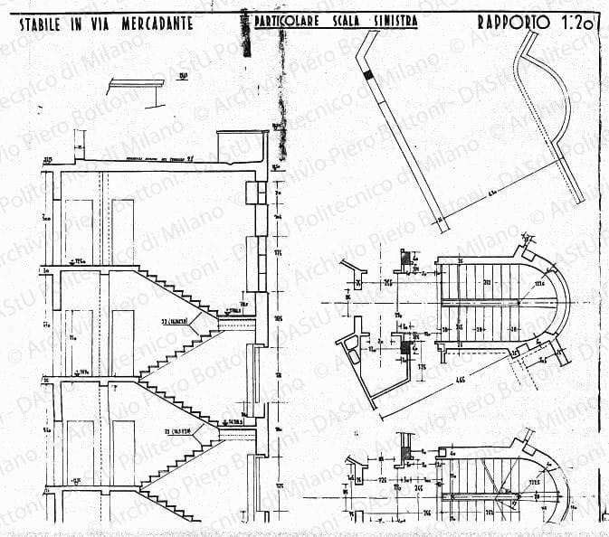 Stabile in via Mercadante, particolare scala sinistra, scala 1:20, prot. 1918, 15 gennaio 1935. China su lucido, cm 160,6x95,2. 
