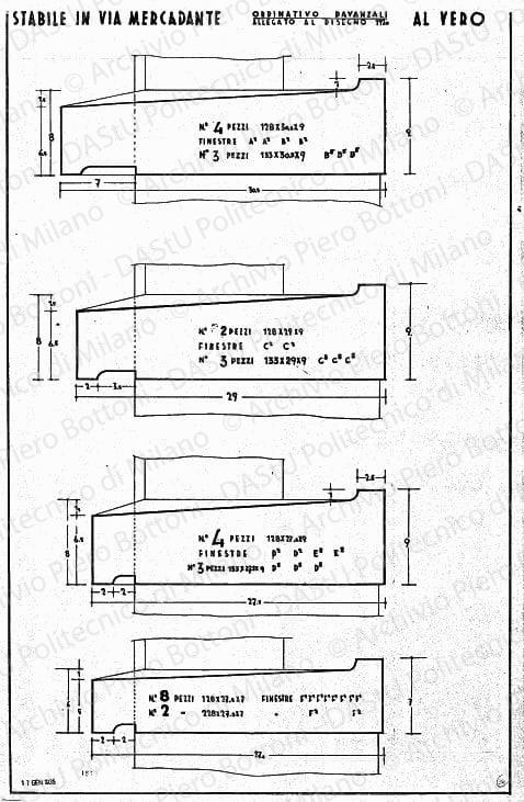 Stabile in via Mercadante, ordinativo davanzali, allegato al disegno 1920, scala 1:1, prot.1919, 17 gennaio 1935. China su lucido, cm 74,0x49,4. 