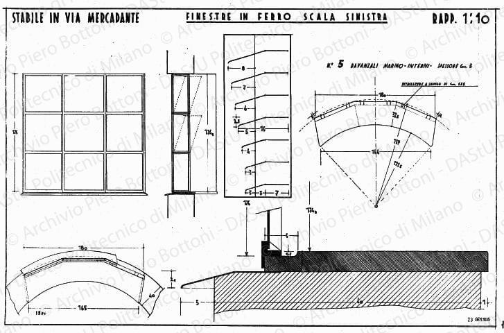 Stabile in via Mercadante, finestre in ferro scala sinistra, scala 1:1, 1:10, prot. 1930, 23 gennaio 1935. China su lucido, cm 48,2x74,4. 