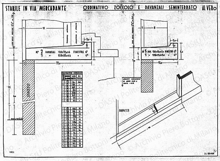 Stabile in via Mercadante, ordinativo zoccolo e davanzali seminterrato, scala 1:1, 1:5, prot. 1931, 25 gennaio 1935. China su lucido, cm 52,7x75,2. 