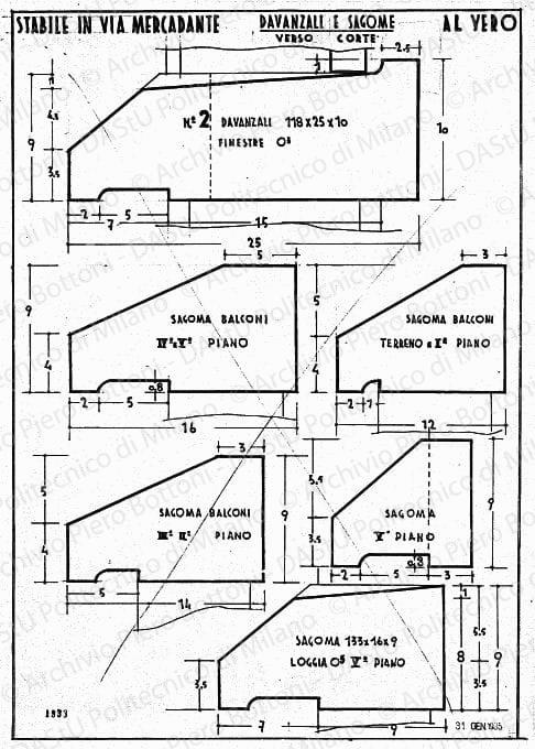 Stabile in via Mercadante, davanzali e sagome verso corte, scala 1:1, prot. 1933, 31 gennaio 1935. China su lucido, cm 54,2x38,3. Segno d'annullamento a matita. 