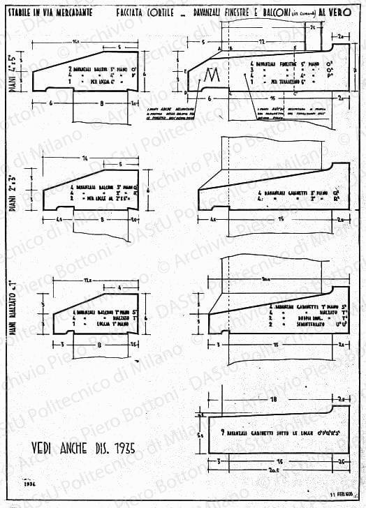 Stabile in via Mercadante, facciata cortile, davanzali finestre e balconi, scala 1:1, prot. 1934, 11 febbraio 1935. China su lucido, cm 74,0x52,8. 