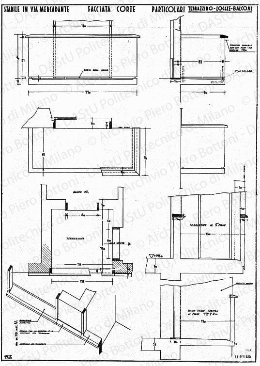 Stabile in via Mercadante, facciata corte, particolari terrazzino-loggia-balconi, scala 1:10,prot. 1935, 11 febbraio 1935. China su lucido, cm 74,4x53,2. 