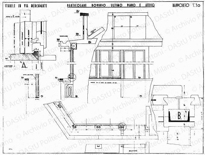Stabile in via Mercadante, particolare bovindo ultimo piano e attico, scala 1:1, 1:10, prot. 1936, 11 febbraio 1935. China e matita su lucido, cm 74,2x98,0. 