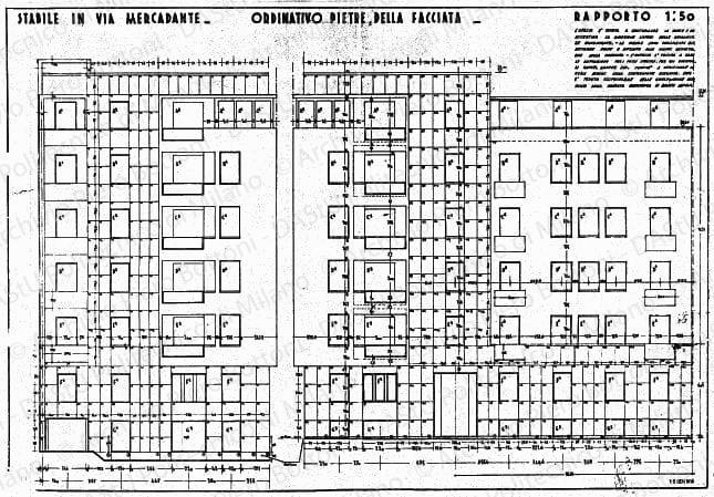 Stabile in via Mercadante, ordinativo pietre della facciata, prospetto, scala 1:50, prot. 1913,16 gennaio 1935. China su lucido, cm 64,0x93,0. 