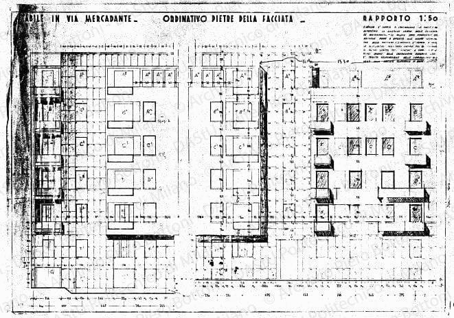 Studio di modifiche su: Stabile in via Mercadante, ordinativo pietre della facciata, prospetto,scala 1:50, prot. 1913, 16 gennaio 1935. Matita su eliografia su carta, cm 66,0x93,8. 
