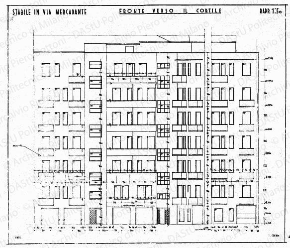 Stabile in via Mercadante, fronte verso il cortile, scala 1:50, prot. 1932, 31 gennaio 1935.China su lucido, cm 71,0x82,5. 