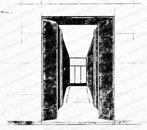 Portale ingresso, scala 1:20, s.d. Tempere su eliografia su carta, cm 33,2x31,8. 