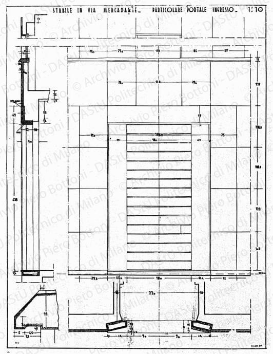 Stabile in via Mercadante, particolare portale ingresso, scala 1:10, prot. 1912, 16 gennaio 1935. China su lucido, cm 97,8x74,4. 
