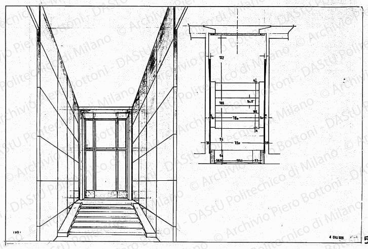Ingresso, pianta e prospettiva, scala 1:20, prot. 1993, 4 giugno 1935. China e matita su lucido, cm 49,0x73,7. 
