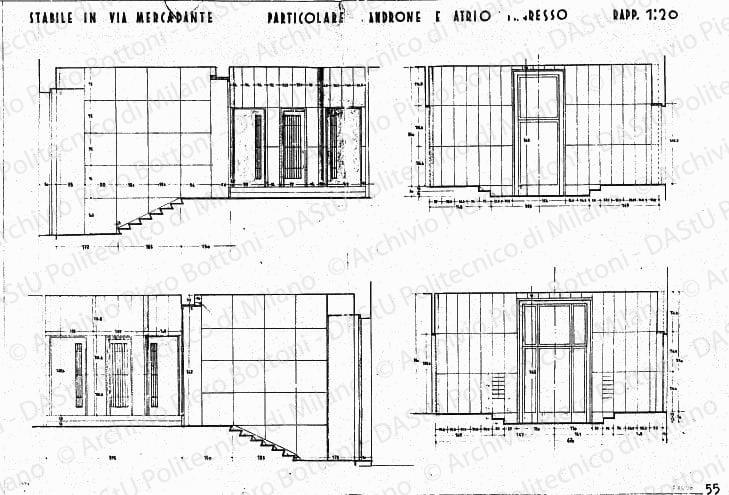 Stabile in via Mercadante, particolare androne e atrio ingresso, prospetti, scala 1:20, prot.1994, 5 giugno 1935. China e matita su lucido, cm 73,3x102,4. 