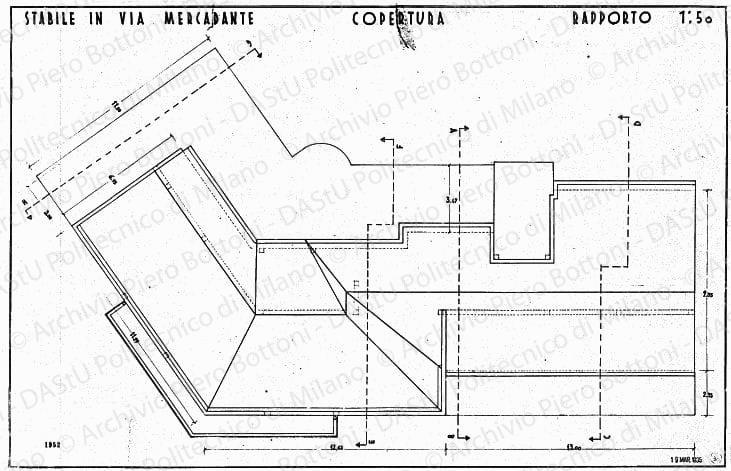 Stabile in via Mercadante, pianta copertura, scala 1:50, prot. 1952, 19 marzo 1935. China su lucido, cm 47,8x75,4. 