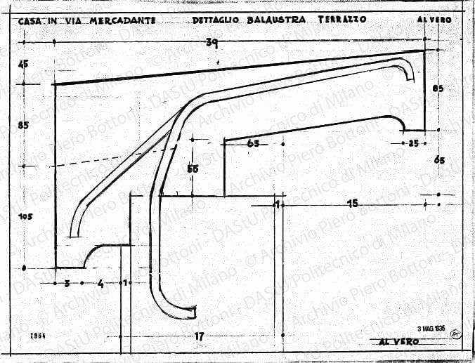 Casa in via Mercadante, dettaglio balaustra terrazzo, scala 1:1, prot. 1964, 3 maggio 1935. Matita e china su lucido, cm 37,4x49,6. 