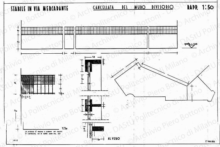 Stabile in via Mercadante, cancellata del muro divisorio, scala 1:1, 1:20, 1:50, prot. 1974, 21 maggio 1935. China e matita su lucido, cm 49,7x74,8. 
