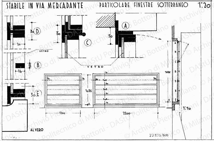 Stabile in via Mercadante, particolare finestre sotterraneo, scala 1:10, 1:20, prot. 1976, 23 maggio 1935. China su lucido, cm 25,4x37,3. 