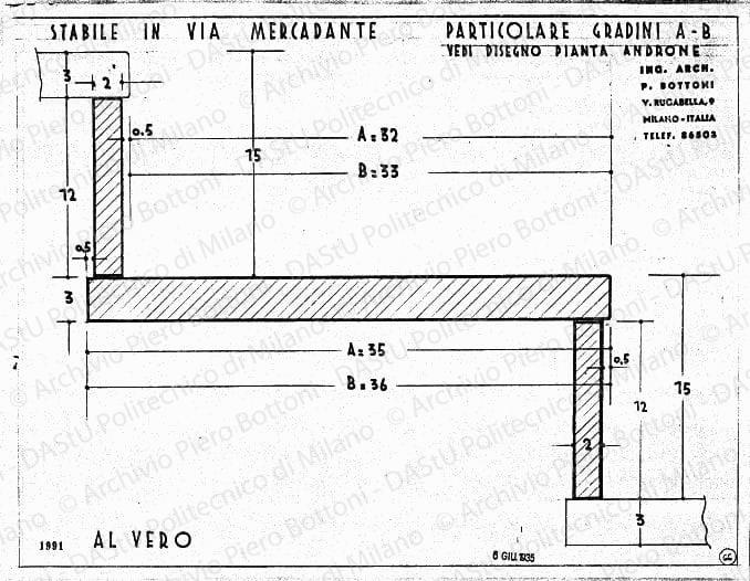 Stabile in via Mercadante, particolare gradini A-B, scala 1:1, prot. 1991, 6 giugno 1935. China su lucido, cm 38,3x49,6. 