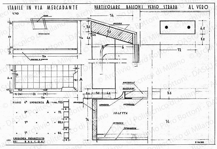 Stabile in via Mercadante, particolare balconi verso strada, scala 1:1, 1:10, prot. 1996, 6 giugno 1935. China e matita su lucido, cm 49,8x72,3. 