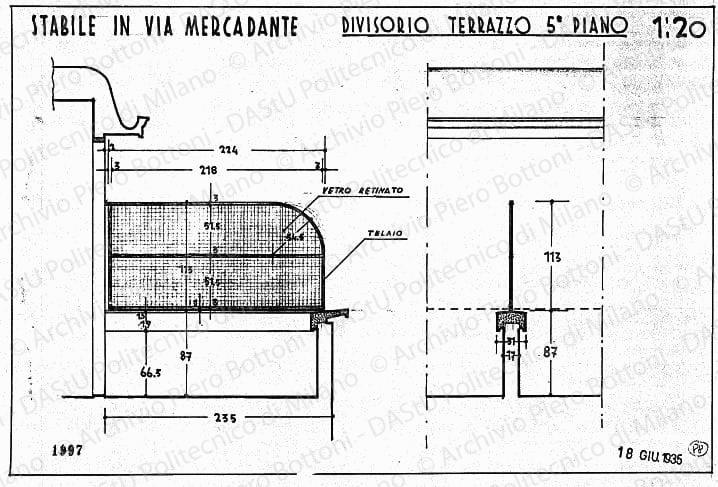 Stabile in via Mercadante, divisorio terrazzo 5 piano, scala 1:20, prot. 1997, 18 giugno 1935. China e matita su lucido, cm 25,9x38,2. 