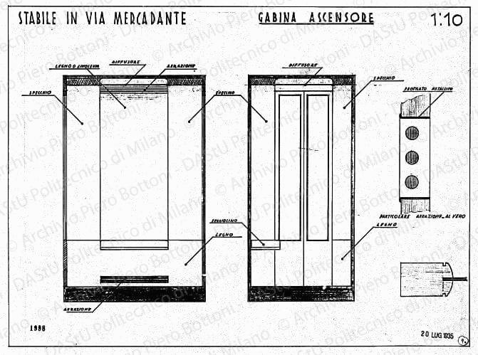 Stabile in via Mercadante, gabina ascensore, scala 1:10, prot. 1998, 20 luglio 1935. China e matita su lucido, cm 38,2x50,4. 