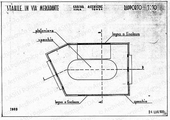 Stabile in via Mercadante, gabina ascensore scala tonda, scala 1:10, prot. 2009, 24 luglio 1935. China e matita su lucido, cm 26,0x36,4. 