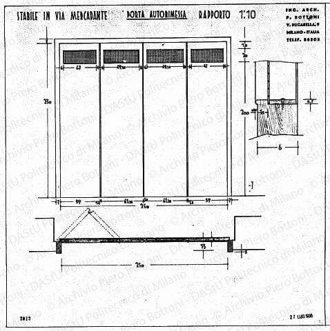 Stabile in via Mercadante, porta autorimessa, scala 1:10, prot. 2012, 27 luglio 1935. China e matita su lucido, cm 50,7x50,5. 